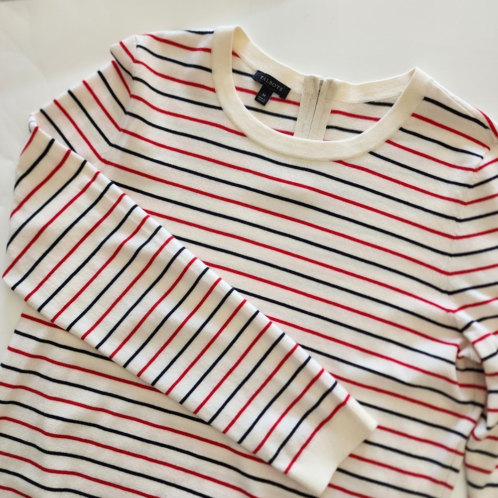 Talbots cream red blue striped sweater long sleeve womens size M